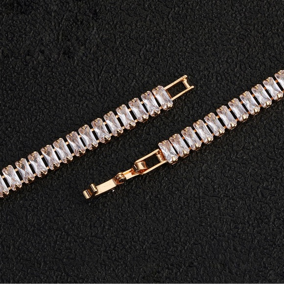 Gold Baguette Tennis Bracelet  18K Gold Plated Hypoallergenic & Tarnish-Free - Picture 3 of 9